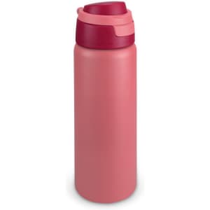 A drink bottle in shades of pink with a matching lid and a logo on the body.