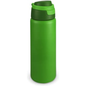A drink bottle in vibrant green with a secure, green lid and a smooth matte finish, featuring a logo.