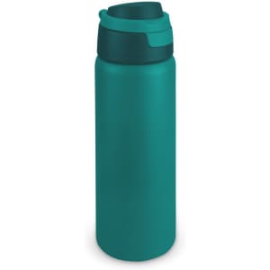 A drink bottle in teal with a screw-top lid and a sleek, minimalist design. It features a logo on the body.