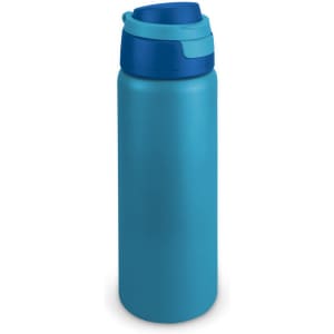 A drink bottle in a vibrant blue colour with a contrasting blue lid and a sleek design. It features a logo.