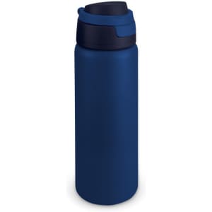 A drink bottle in navy blue with a dark lid, featuring a design element and a logo.