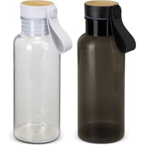 A drink bottle made from RPET, available in clear and dark grey, with a wooden lid and strap.
