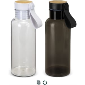A drink bottle set featuring a clear bottle with a white lid and a dark bottle with a black lid, both with a handle.