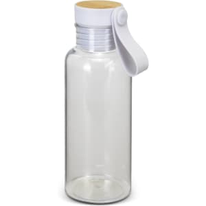 A drink bottle made of clear material with a white cap and a wooden top. It features a loop for easy carrying.