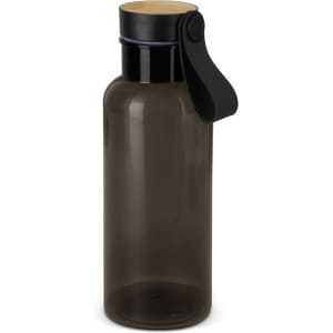 A drink bottle made of translucent grey materials with a black lid and strap, featuring a wooden accent.