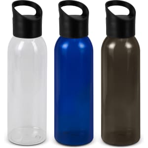 A drink bottle set featuring clear, blue, and brown options with black lids and handles. Each bottle has a logo.