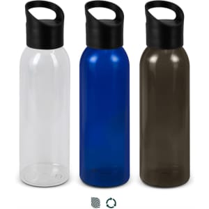 A drink bottle collection featuring clear, blue, and dark brown options, each with a black cap and carry handle.