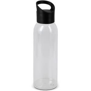 A drink bottle in clear plastic with a black, curved lid. It features a simple design and has a logo.