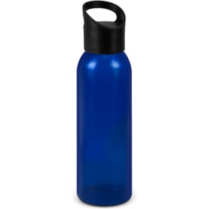 A drink bottle with a blue body and a black lid, featuring a fitness-friendly design and a logo.