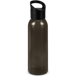 A drink bottle in smoke grey with a black cap, featuring a logo on the front.