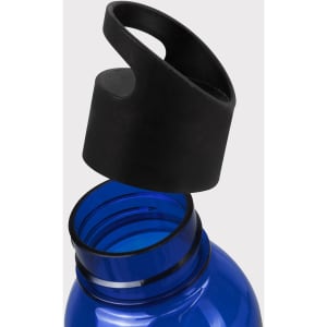 A drink bottle in blue with a black lid, featuring a wide opening and a handle on the cap.