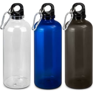 A drink bottle trio featuring clear, blue, and opaque dark grey designs, each with a black lid and carabiner.