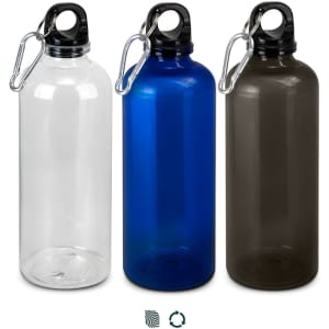 A drink bottle set featuring three RPET bottles in clear, blue, and dark grey, each with a black lid and carabiner.