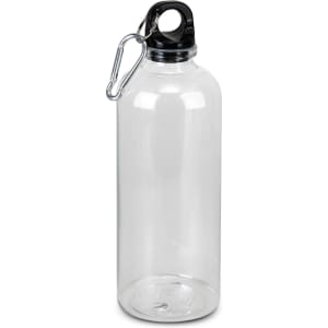 A drink bottle with a clear body, black lid, and a metal carabiner attached. It has a simple design and no visible branding.
