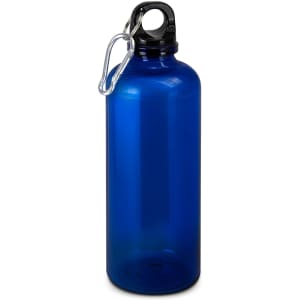 A drink bottle in vibrant blue, featuring a black cap and a loop for securing. It has a logo on one side.