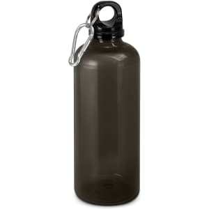 A drink bottle in matte black with a screw top and a metal carabiner for easy attachment.