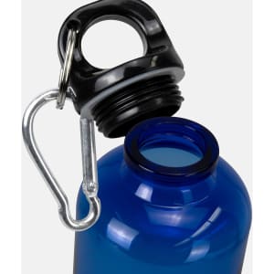 A drink bottle in vibrant blue with a black lid and a metal carabiner latch. It has a sleek design and a logo.