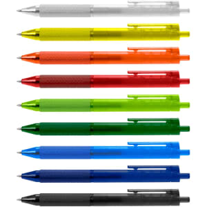 A range of Flow Gel Pens in assorted colours: clear, yellow, orange, green, blue, and black, with a logo.