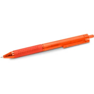 An orange Flow Gel Pen with a textured grip and a clip on the side. It features a sleek design and shiny details.