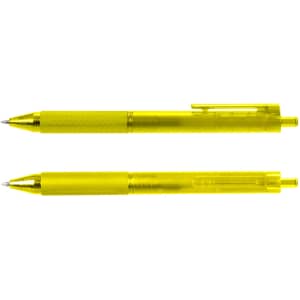 A yellow gel pen with a transparent barrel and a clip, featuring a shiny gold pen tip.