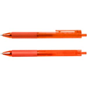 Two orange Flow Gel Pens are positioned parallel, featuring textured grips and clip attachments.
