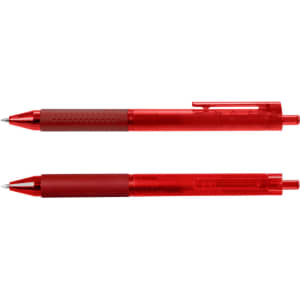 A set of two red gel pens with a transparent barrel and textured grip.