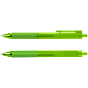 A bright green gel pen featuring a translucent barrel and a clip, with a branding logo present.