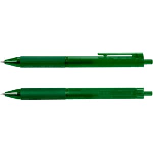 Two green Flow Gel Pens are displayed, featuring smooth designs and grip sections, with a logo on one pen.