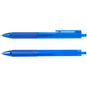 A blue Flow Gel Pen with a textured grip, featuring a clip and a retractable tip. The pen has a logo.