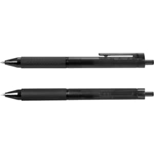 A black Flow Gel Pen with a sleek design, featuring a clip and textured grip, alongside a capped version.