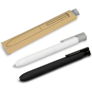 A set of three metal pens in grey, white, and black, displayed with packaging that features a pen outline.