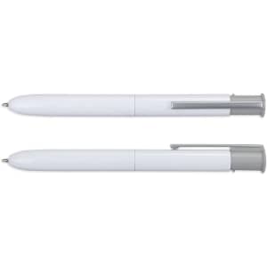 A white pen with a grey clip and a smooth design, featuring a logo on the body. Two pens are displayed.
