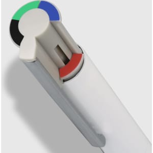 A multi-coloured pen with a white body and a round cap featuring red, green, blue, and black sections.