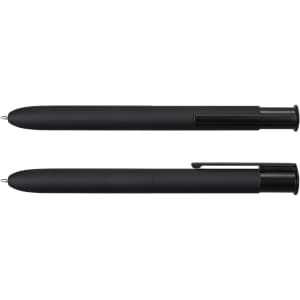 A set of black metal pens, featuring a sleek design and a clip for easy attachment. Branding is visible on the pen.