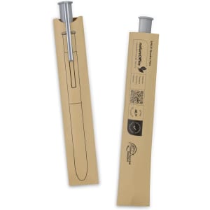 A promotional pen in a brown cardboard sleeve. The pen is sleek with a silver top and features a logo.