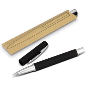 A black rollerball pen with a silver tip, displayed alongside its packaging.