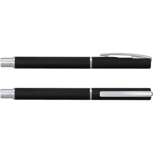 A rollerball pen in black with silver accents, featuring a smooth design and a clip for easy attachment.