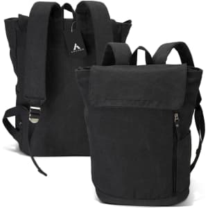 A black canvas backpack with multiple compartments and adjustable straps, featuring a logo tag.