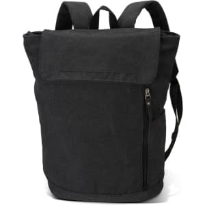 A black canvas backpack with shoulder straps and a top flap, featuring a side zip pocket and a logo.