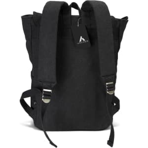 A black canvas backpack with two adjustable straps and a logo tag. The design features a spacious, minimalist style.