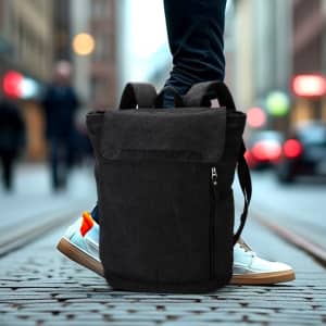 A black canvas backpack with a zippered pocket, placed on a cobblestone street, with a person's feet in white sneakers nearby.