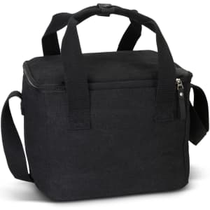 A black canvas cooler bag with sturdy handles and a zippered closure, featuring both side and top carry options.