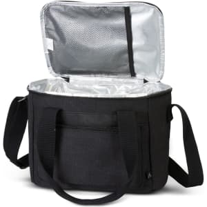 A black canvas cooler bag with a silver insulated interior and a shoulder strap, featuring an outer pocket.