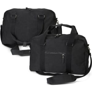 A black canvas duffle bag featuring dual handles, adjustable shoulder strap, and a front zip pocket. It has a logo.