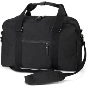 A black canvas duffle bag with dual handles, a shoulder strap, and a front zip pocket. It features a logo.