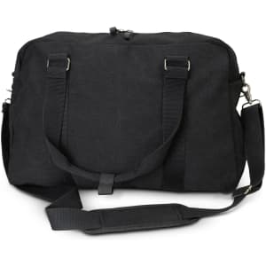 A black canvas duffle bag with dual handles and a removable shoulder strap, featuring a logo.