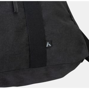 A black canvas duffle bag featuring a textured fabric and a small logo.