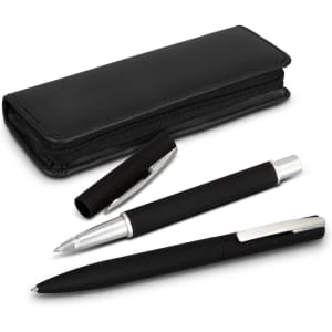 A sleek black pen set with a case, featuring a ballpoint pen, a rollerball pen, and a pen cap.
