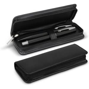 A black pen set in a sleek black zippered case, featuring a stylish black pen and minimalistic design.