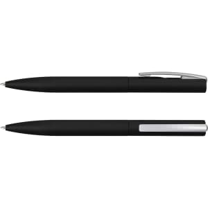 A set of two black pens, one with a clip and the other featuring a silver accent. Both have a sleek design.